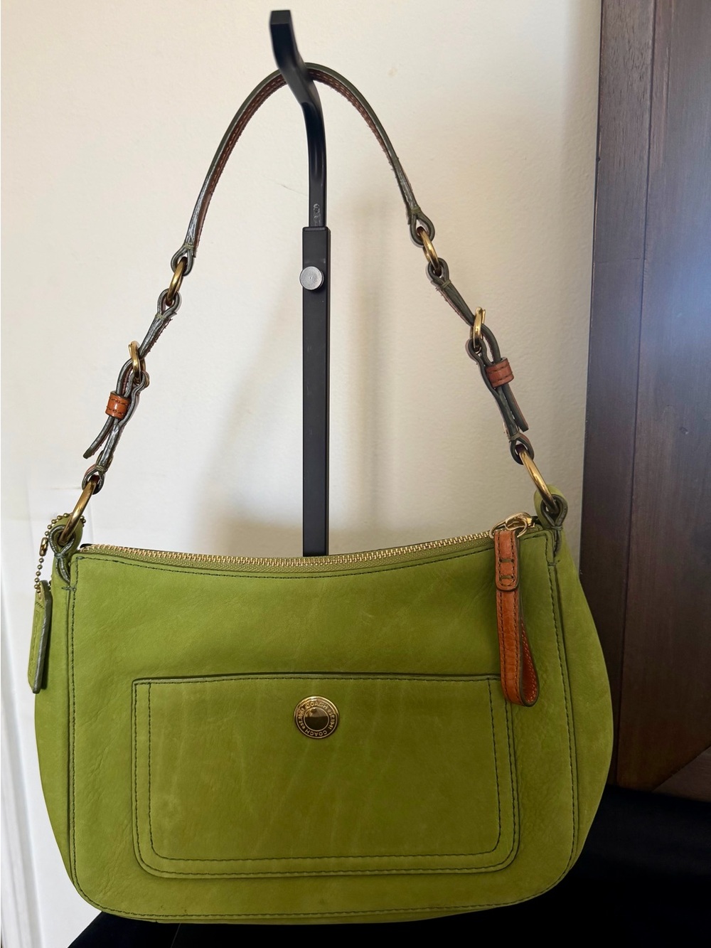 Coach Green Leather Shoulder Bag with Brass Accents